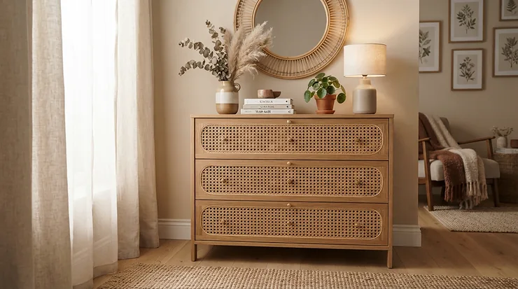 A boho-inspired dresser for a nursery changing-table combo featuring rattan drawer fronts and neutral decor.