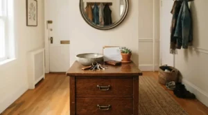 A narrow budget dresser under 150 dollars utilized as an entryway console table in a small apartment.