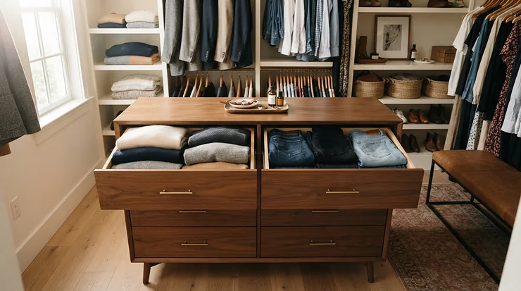 A lightweight budget dresser under 150 dollars placed inside a large walk-in closet for extra sweater storage. budget dresser under $150