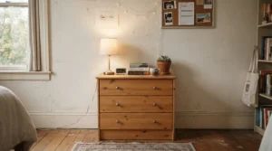 A compact budget dresser under 150 dollars styled in a bright college dorm room with a mirror and small lamp on top.