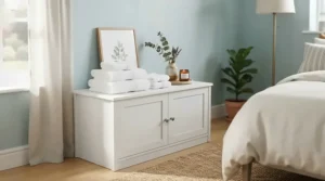 A ready-to-assemble budget dresser under 150 dollars providing extra storage in a cozy guest bedroom.
