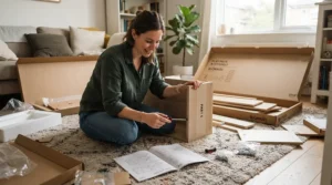 An owner unboxing and assembling a budget dresser under 150 dollars on a living room rug with basic tools nearby.
