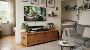 A space-saving budget dresser under 150 dollars functioning as a TV stand in an open-concept studio apartment.