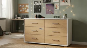 A sleek budget dresser under 150 dollars organized with clothes and accessories in a modern teen bedroom.