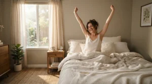 A person waking up refreshed and pain-free on a supportive mattress for heavy people over 250 lbs