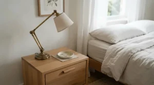 A compact 2-drawer nightstand for small bedrooms holding a sleek table lamp and a ceramic coaster.