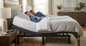 Couple sleeping peacefully in a bedroom on an adjustable bed base set to an anti-snore position