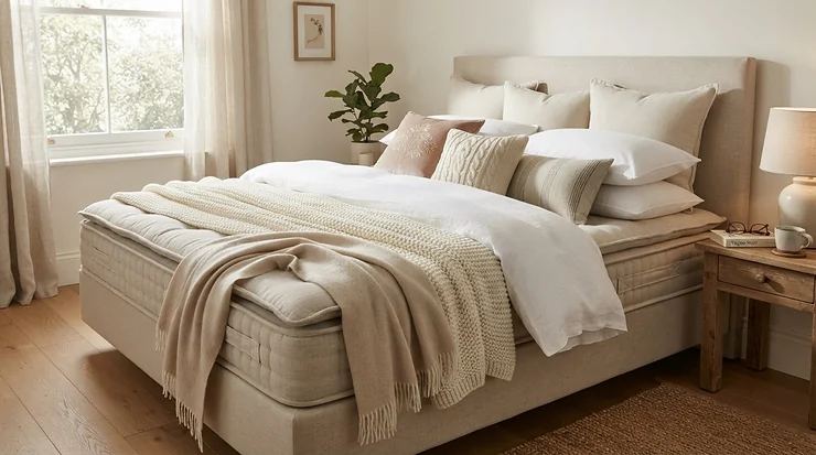 A stylishly made bed outfitted with a thick mattress topper to soften a firm mattress.