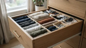 Drawer organization shown in the double dresser vs tall dresser for master bedroom storage overview