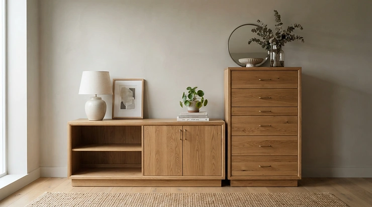 Side-by-side evaluation of double dresser vs tall dresser for master bedroom storage capacity.