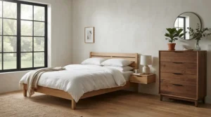 Illustration showing a double dresser vs tall dresser for master bedroom storage setup in a modern American home.