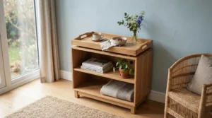 A white dresser for a nursery changing-table combo featuring a secure wooden changing topper and organizing bins.