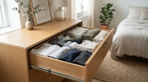 A budget-friendly dresser under $200 for apartment bedrooms holding folded sweaters and daily essentials.