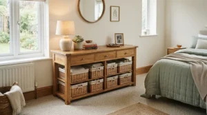 A cozy bedroom corner featuring a low-profile dresser under $200 for apartment bedrooms and a woven rug.