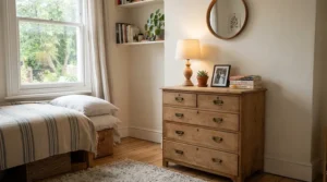 A stylish dresser under $200 for apartment bedrooms styled with a small lamp and framed art in a compact studio.
