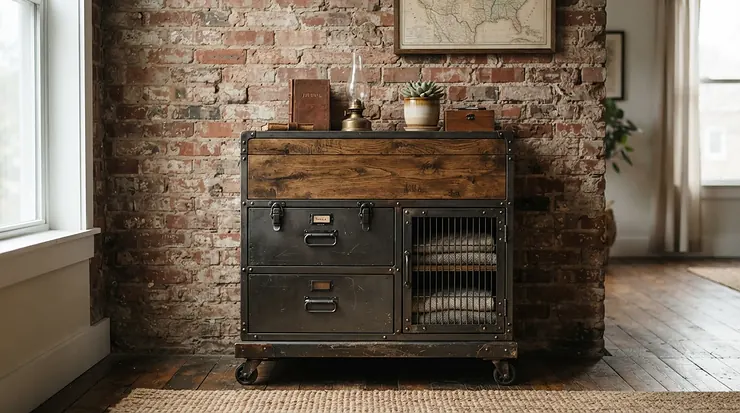 An industrial-style dresser under $200 for apartment bedrooms set against an exposed brick accent wall.