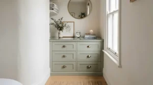 A dresser with mirror for small spaces fit snugly into an awkward bedroom corner layout.