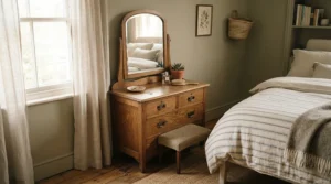 A compact dresser with mirror for small spaces tucked neatly against a bedroom wall with natural lighting.