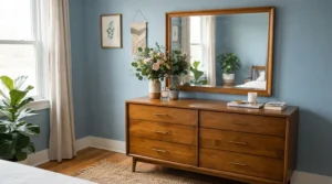 Wooden dresser with mirror for small spaces providing guests with convenient storage and styling area.