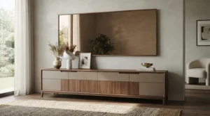 Modern dresser with mirror for small spaces featuring a sleek surface reflection and slim drawers.