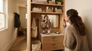 A white dresser with mirror for small spaces functioning as a daily makeup vanity in an apartment.