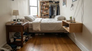 A visual comparison of floating nightstand vs standard nightstand for tiny rooms highlighting open floor space.