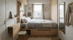 How floating nightstand vs standard nightstand for tiny rooms looks in a micro-apartment bedroom.