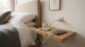 Holding nighttime essentials with a floating nightstand vs standard nightstand for tiny rooms.