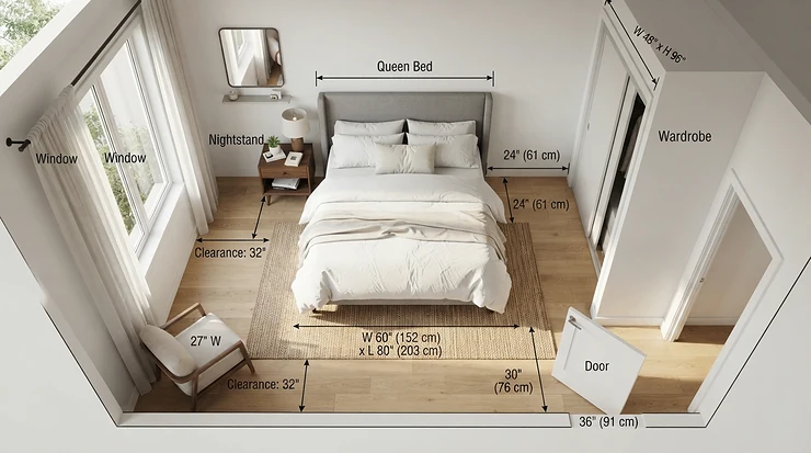 Proportion and scale of a floating nightstand vs standard nightstand for tiny rooms.
