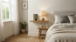 Styling ideas featuring floating nightstand vs standard nightstand for tiny rooms decoration.