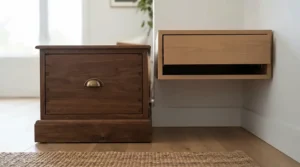 Storage capacity in a floating nightstand vs standard nightstand for tiny rooms design.
