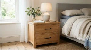 A double-drawer industrial nightstand for farmhouse bedroom decor keeps nighttime essentials neatly organized and hidden.