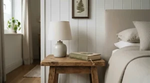This metal and wood industrial nightstand for farmhouse bedroom decor complements a cozy white shiplap wall.