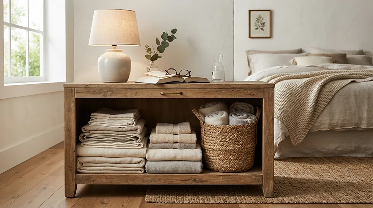 An open-shelf industrial nightstand for farmhouse bedroom decor displaying folded throw blankets and a woven storage basket.