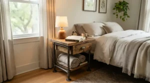 A sturdy industrial nightstand for farmhouse bedroom decor styled with exposed iron pipe legs and a warm wooden drawer.