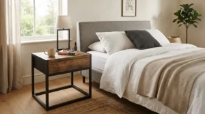 An industrial nightstand for farmhouse bedroom decor featuring reclaimed timber and a black metal frame next to a neutral-toned bed.