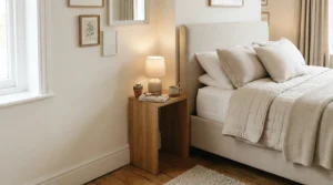 A compact industrial nightstand for farmhouse bedroom decor fits snugly in a cozy guest room with neutral linens.
