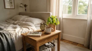 Fresh greenery and a ceramic mug accent an industrial nightstand for farmhouse bedroom decor during a sunny morning.
