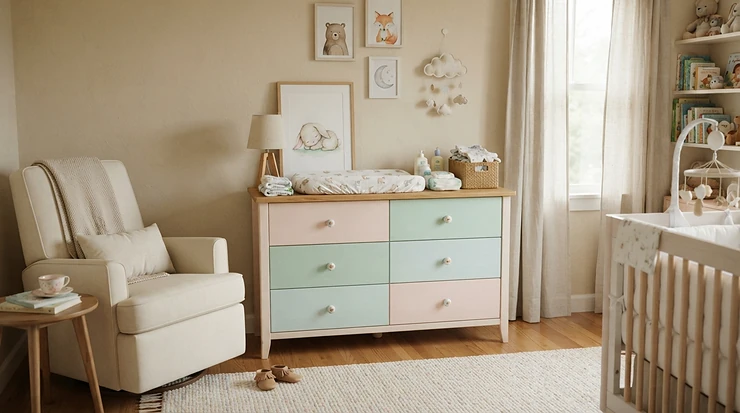 Family-friendly kids dresser with anti-tip safety features in a sunlit suburban home nursery