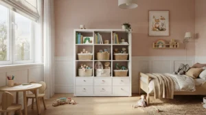 Safe kids dresser with anti-tip safety features placed inside a colorful modern child bedroom