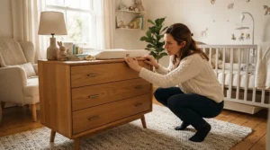 Parent demonstrating stability with a kids dresser with anti-tip safety features preventing tip-over