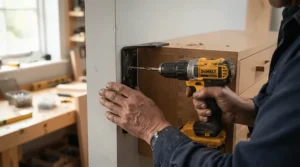 Detailed view of a wall anchor kit installed on a kids dresser with anti-tip safety features