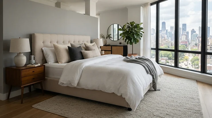 Large king size hybrid mattress under $700 featured in a master bedroom