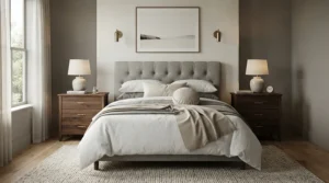 Matching nightstand pairs offering a 2-drawer nightstand for small bedrooms on both sides of a queen bed.