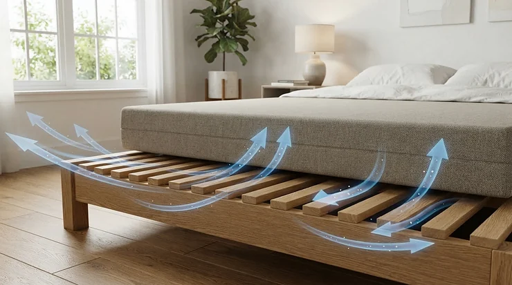 Airflow illustration for a mattress for platform bed frame compatibility on a slatted base