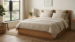 Complete bedroom showing a mattress for platform bed frame compatibility with neutral bedding