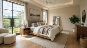 A spacious king-size mattress for platform bed frame compatibility centered in a master bedroom.