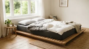 Low profile mattress for platform bed frame compatibility resting on a modern wooden slatted base