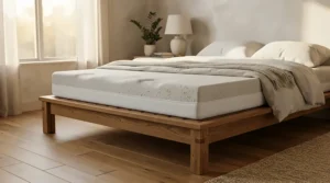 Memory foam mattress for platform bed frame compatibility showing edge support in a master bedroom