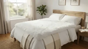 A plush mattress topper to soften a firm mattress on a neatly made bed in a sunlit bedroom.
